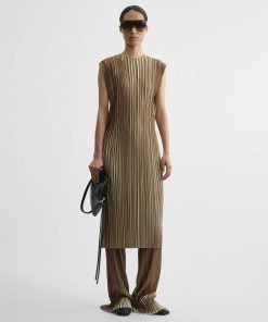 RAZOR PLEAT DRESS | khaki poly jersey
